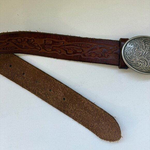 Brown Embossed Leather Belt with Engraved Metal Buckle main image 4